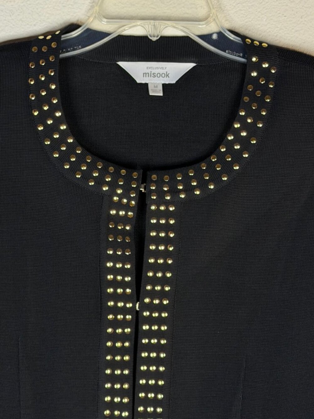 Misook Black Studded Knit Jacket Gold Stud Embellished Open Front Size M